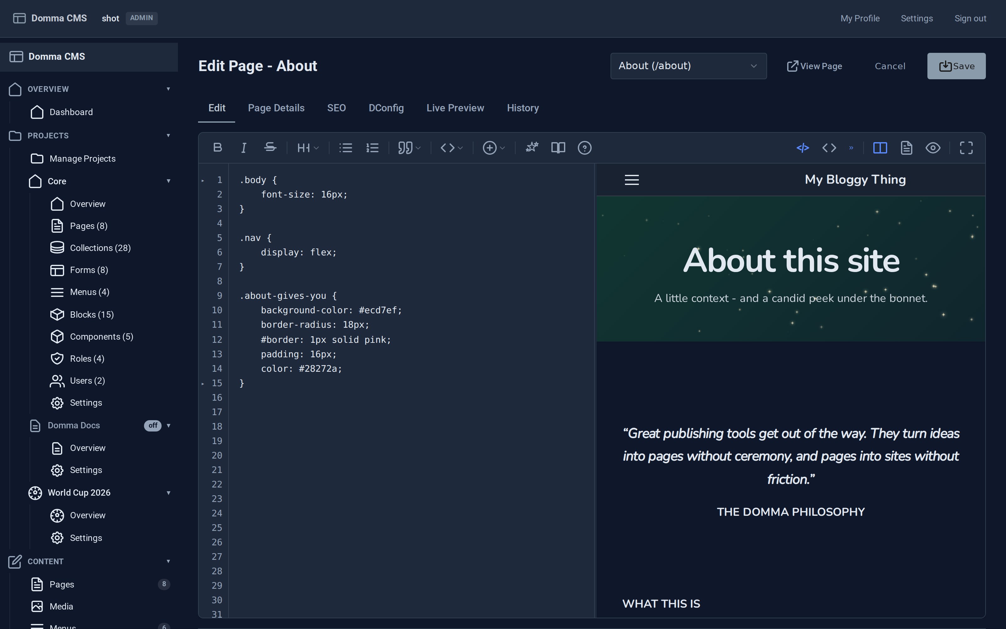 The page editor with the left pane switched from Markdown to the page's own custom CSS, while the live preview on the right keeps rendering the page