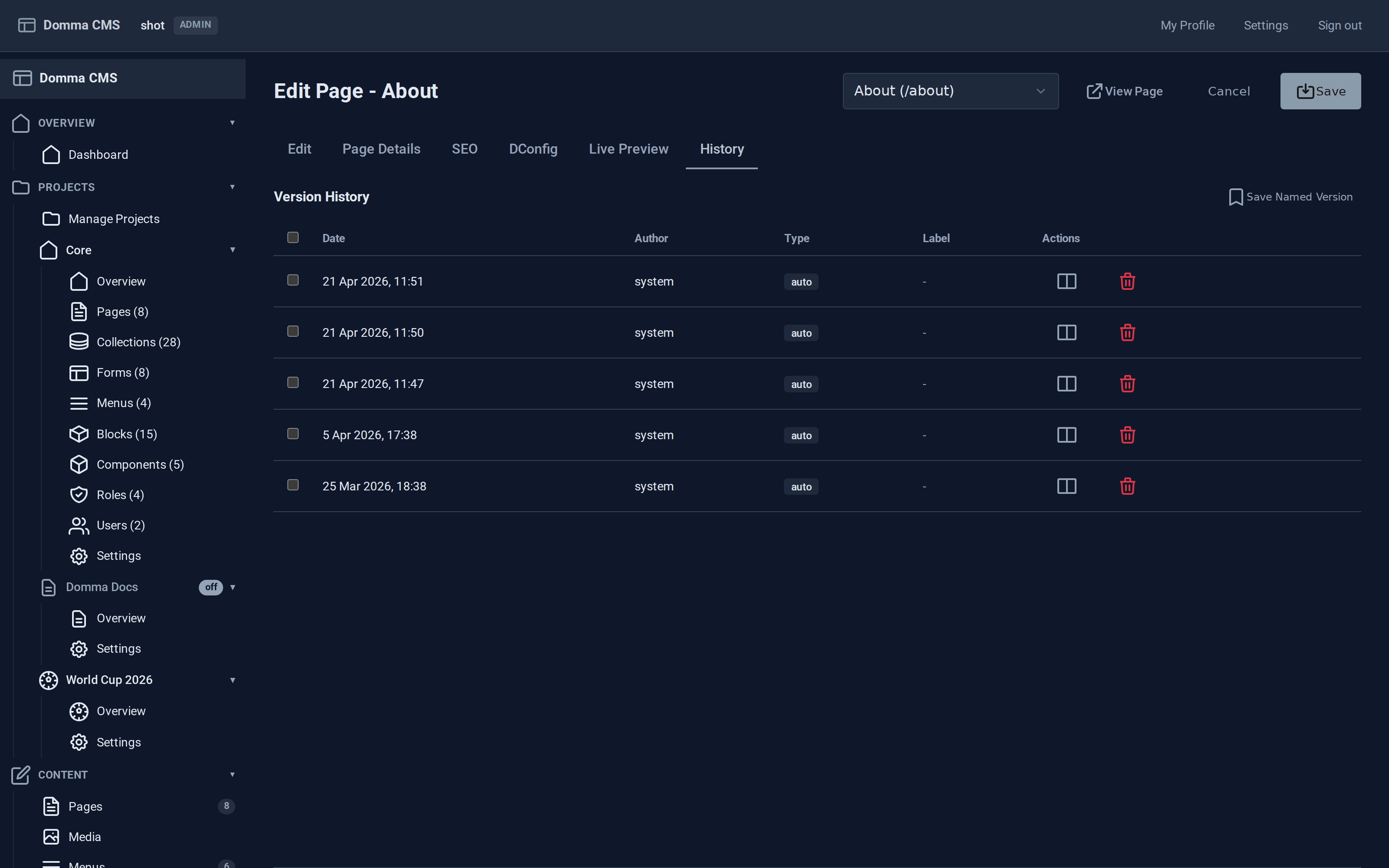 The History tab listing automatic versions with date, author, type and label, each with compare and delete actions, and a Save Named Version button