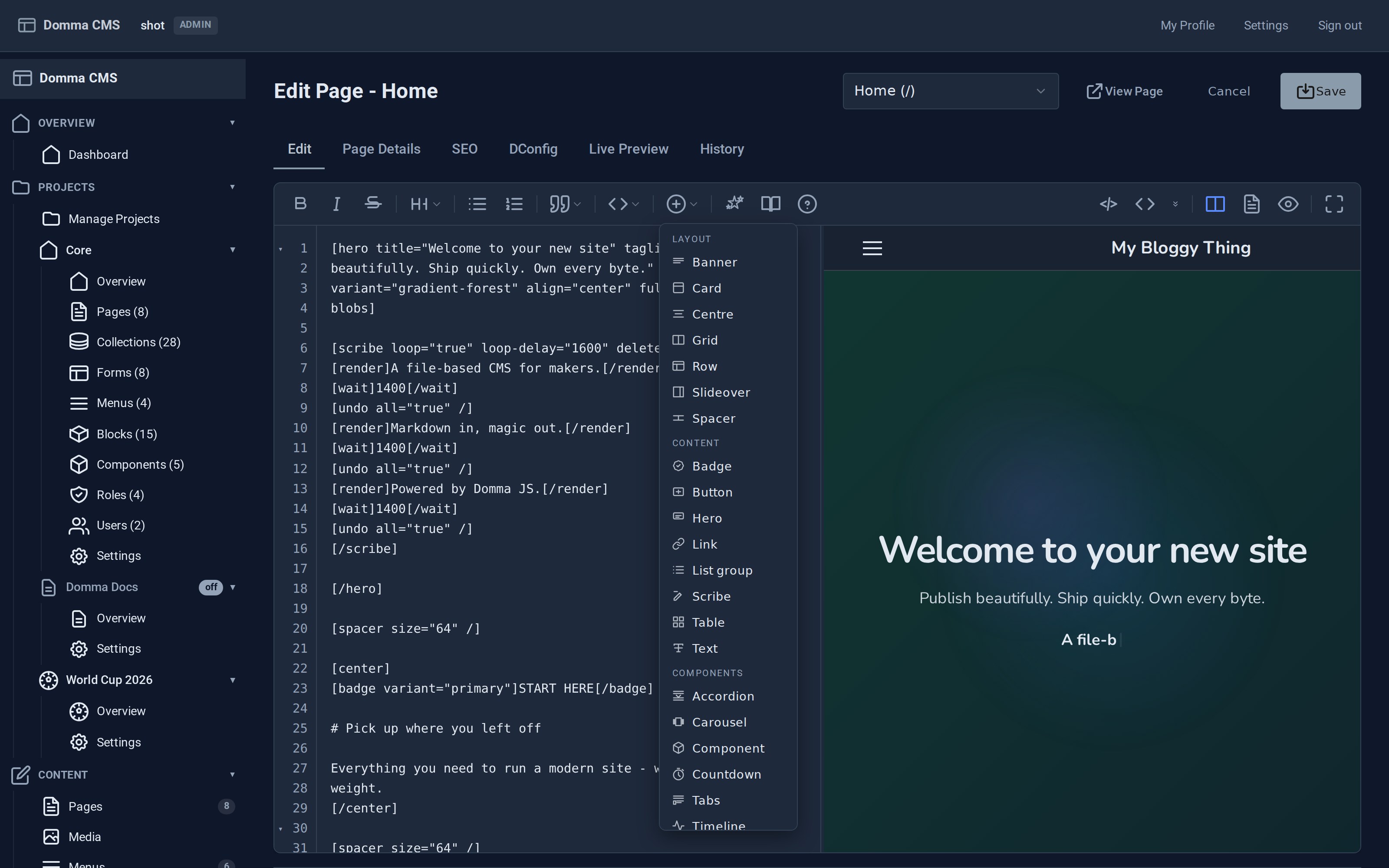 The Domma CMS page editor with the Insert menu open, showing shortcodes grouped into Layout, Content and Components, and a live split preview of the page alongside