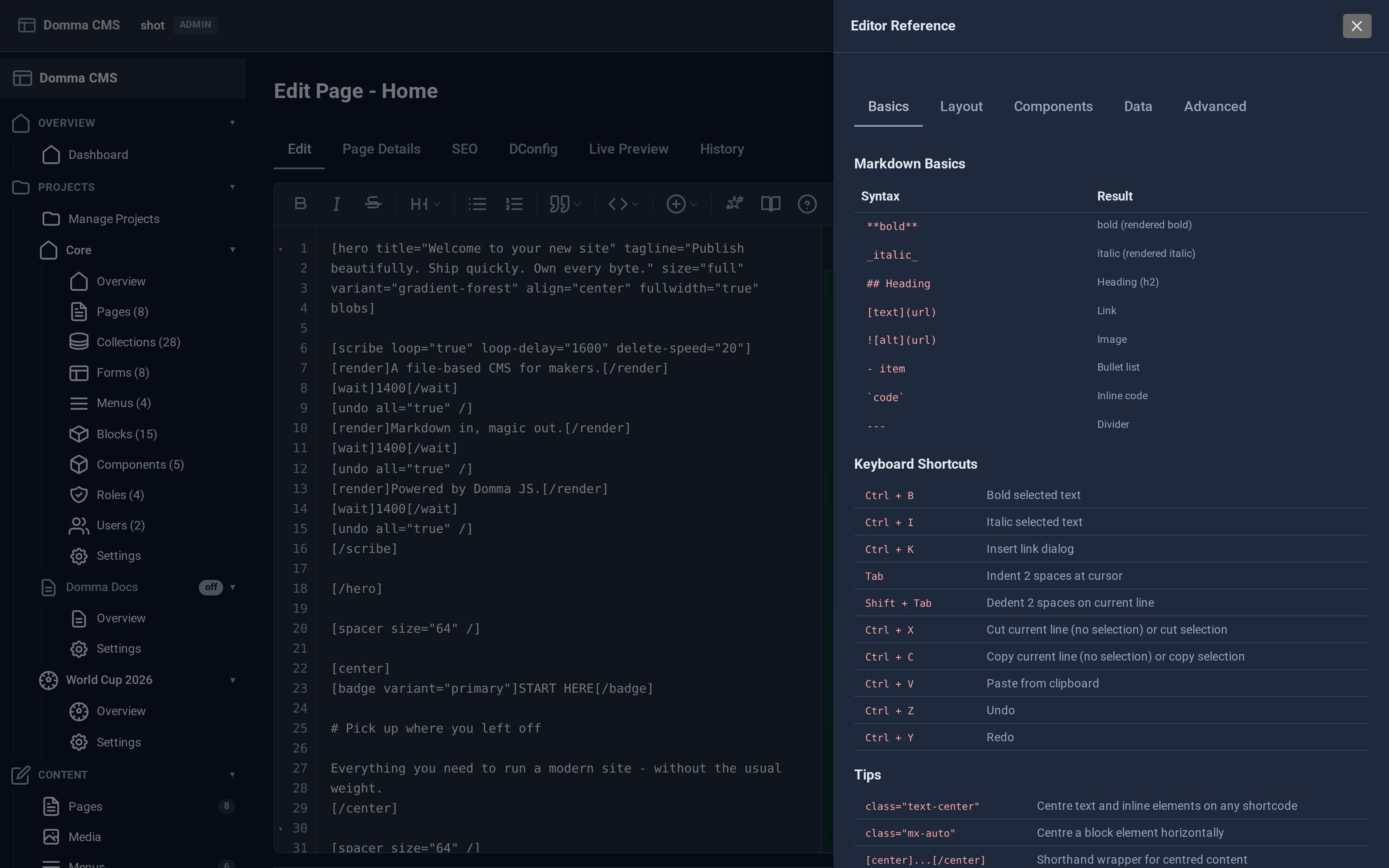 The Editor Reference panel open beside the page editor, showing the Markdown syntax table, the full keyboard shortcut list and a tips section