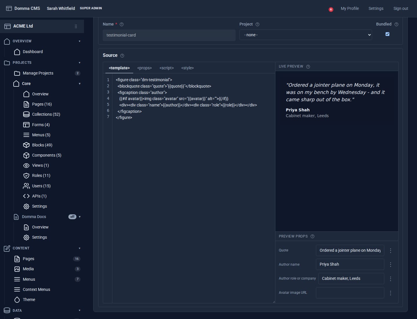 The component editor: template, props, script and style tabs, a live preview of the testimonial-card component showing a customer quote, and a Preview Props panel with quote, author name, role and avatar fields