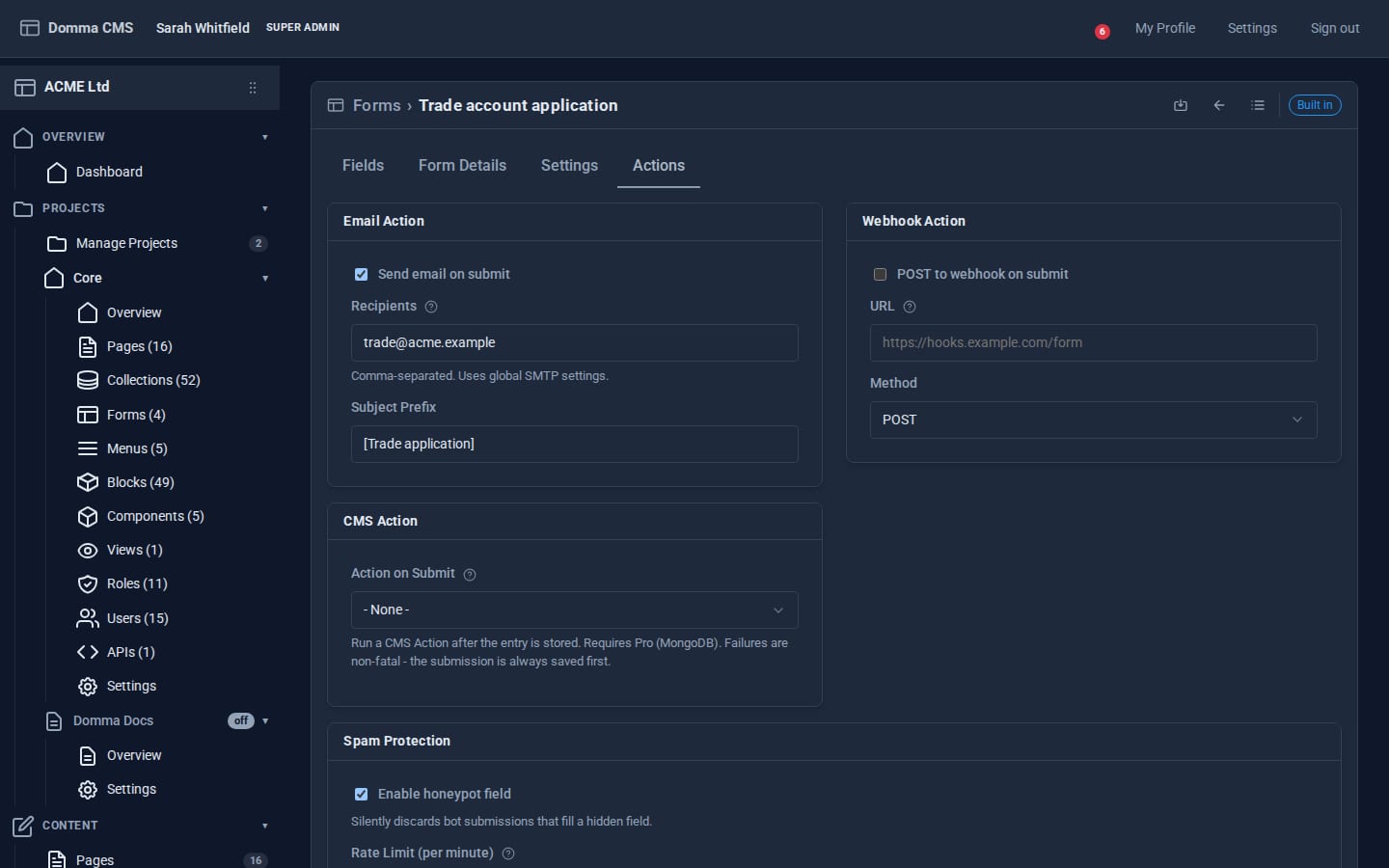 The form's Actions tab: send an email on submit to trade@acme.example with a subject prefix, an optional webhook with URL and method, a CMS Action to run after the entry is stored, and spam protection with a honeypot and a rate limit