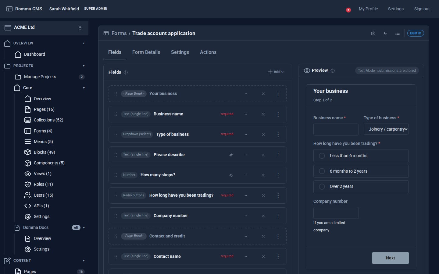 The Domma CMS form builder with field cards and a live preview