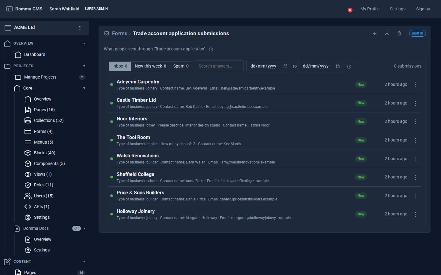 The submissions screen for the Trade account application: Inbox, New this week and Spam filters, a search box, a date range, and eight applications named after the business, each with its answers summarised and a New marker