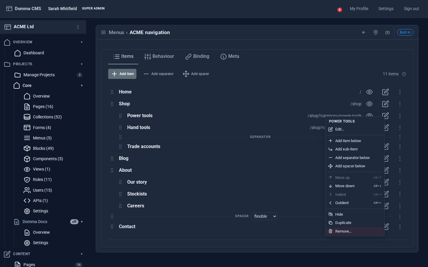 The menu editor's Items tab for ACME Ltd's navigation: nested items with drag grips, a separator and a flexible spacer, and an item's menu open with edit, add item or sub-item below, move, indent and outdent with keyboard shortcuts, hide, duplicate and remove
