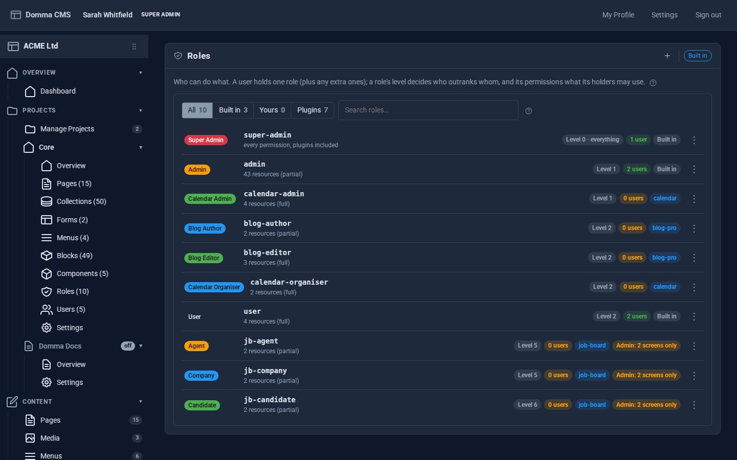 The Roles screen listing built-in roles, roles added by Tools, their levels and how many users hold each