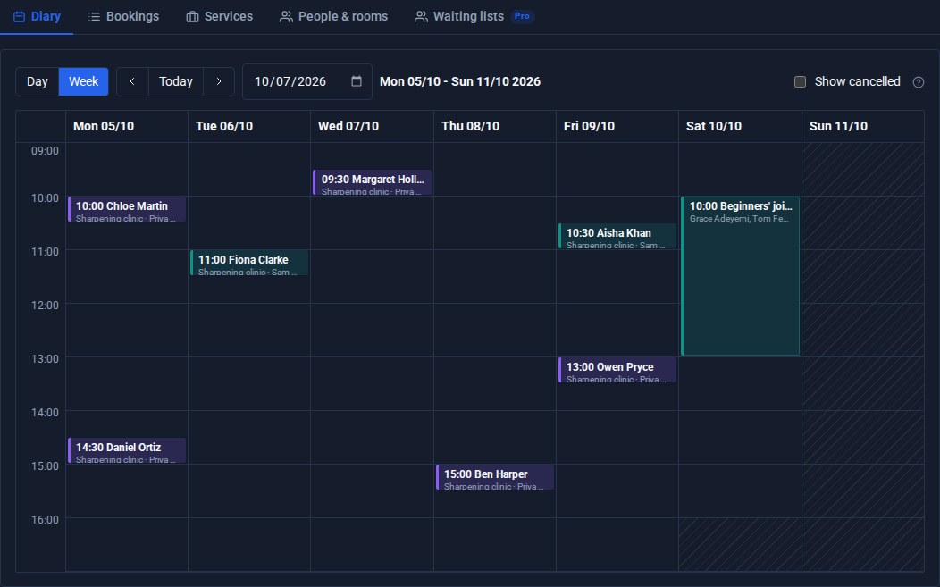 Booking's Diary for the week of 5 October: sharpening clinics with Priya Shah and Sam Patel through the week, and Saturday's three-hour Beginners' joinery class