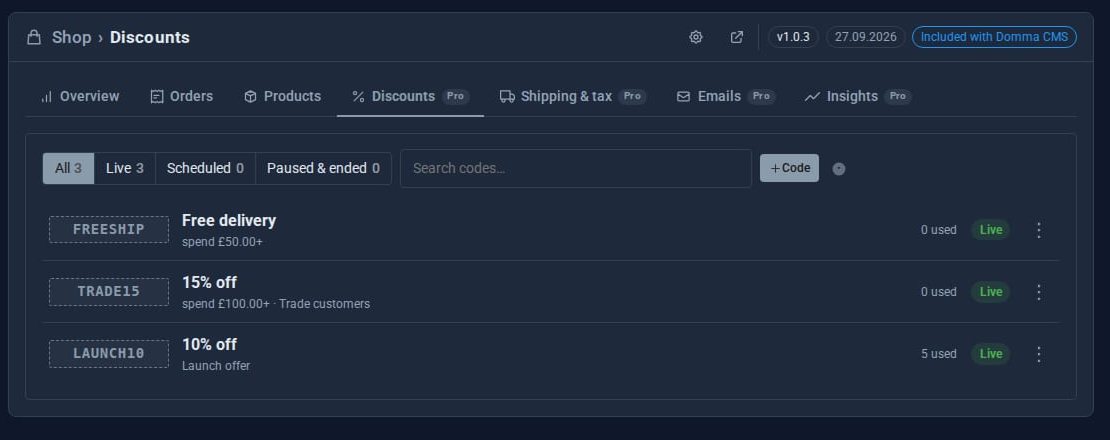The Shop's Discounts tab: FREESHIP free delivery over £50, TRADE15 15 percent off over £100 for trade customers, and LAUNCH10 10 percent off, used 5 times