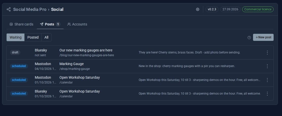 Social Media Pro's Posts tab: a Bluesky draft for the new marking gauges blog post, and scheduled Mastodon and Bluesky posts for the marking gauge and the Open Workshop Saturday