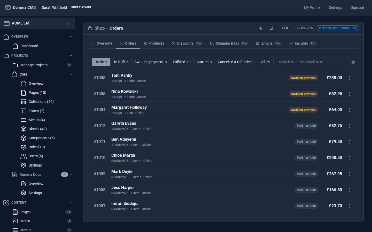 The Shop's Orders screen in the Domma admin: tabs for to do, to fulfil, awaiting payment and fulfilled, and a list of orders with customer names, totals and status badges