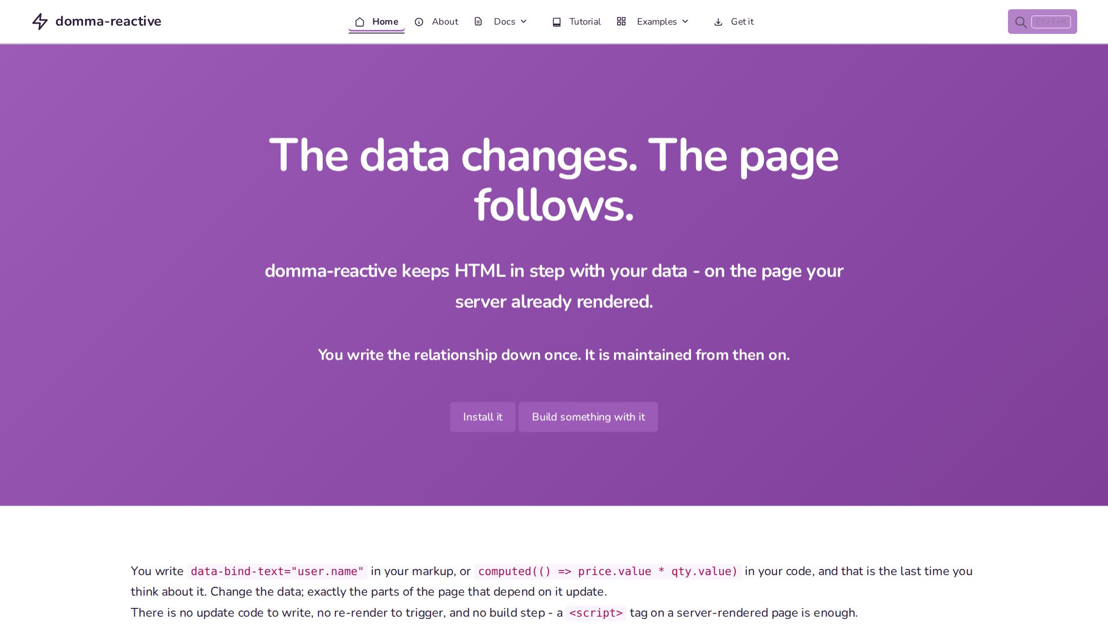 The Domma Reactive documentation site, with live examples of data bindings and computed values