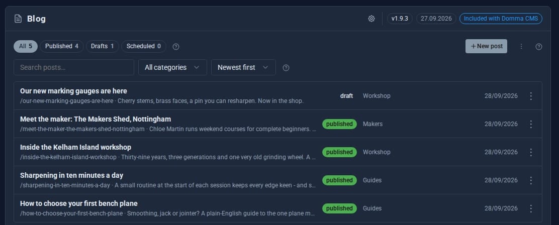 The Blog posts list in the admin with status filters