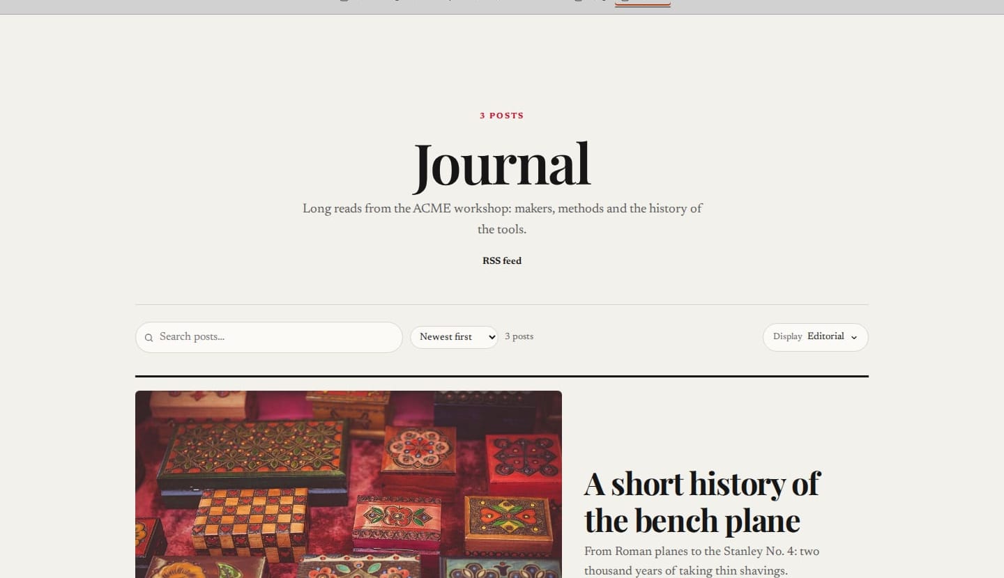 A second blog, the Journal at /journal: the Newsprint look, the Editorial listing and a centred header.