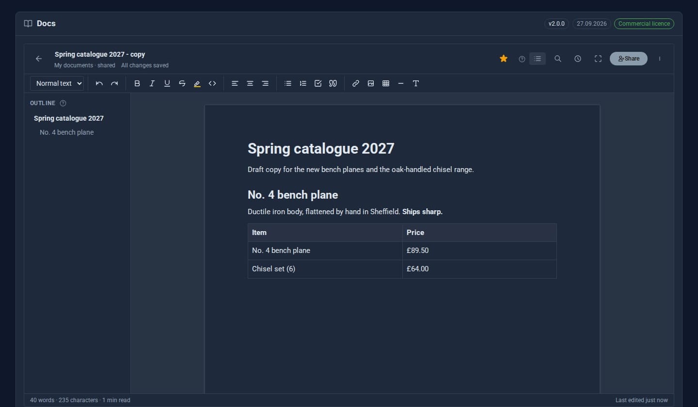 The editor, with the outline on the left and every change saved as you type.