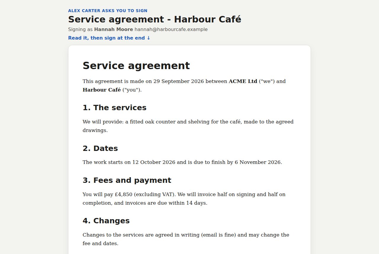 The signing page: the service agreement for Harbour Café, as it was sent