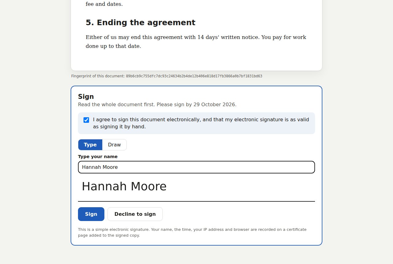 The Sign panel: the consent box ticked, Type chosen, Hannah Moore typed as the signature, with Sign and Decline to sign