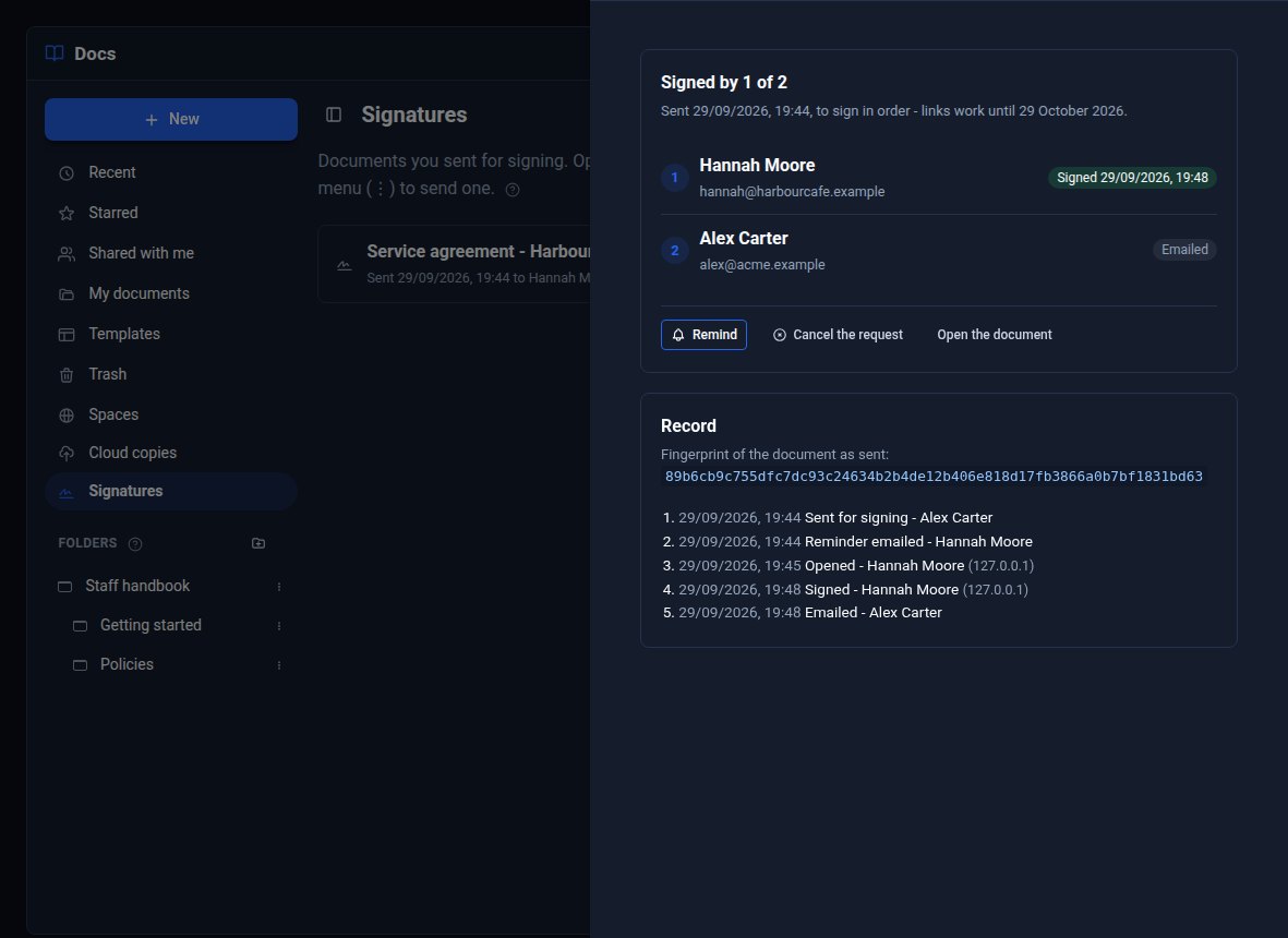 The request's details: each signer with their state, Remind and Cancel the request, and the record with the document's fingerprint