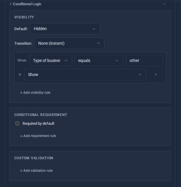 A field's logic panel setting when it is shown
