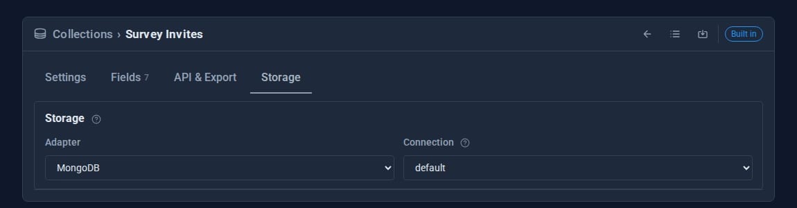 The Storage tab of a collection, with the adapter set to MongoDB and the default connection chosen