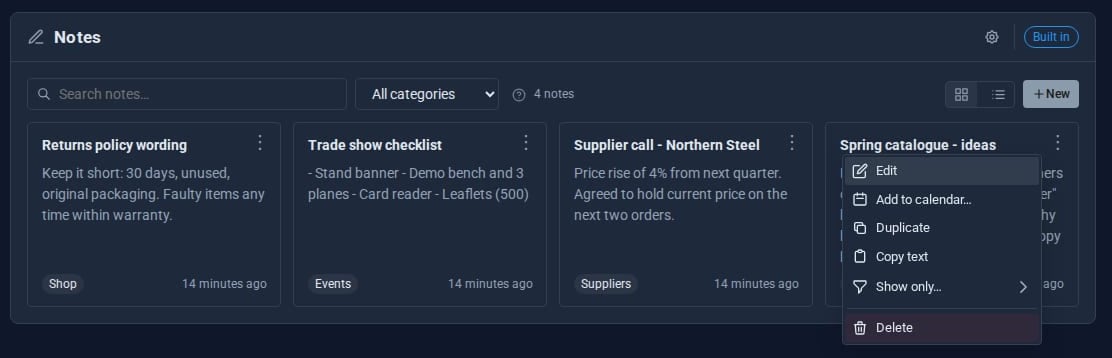A note's menu with Edit, Add to calendar, Duplicate, Copy text and Show only
