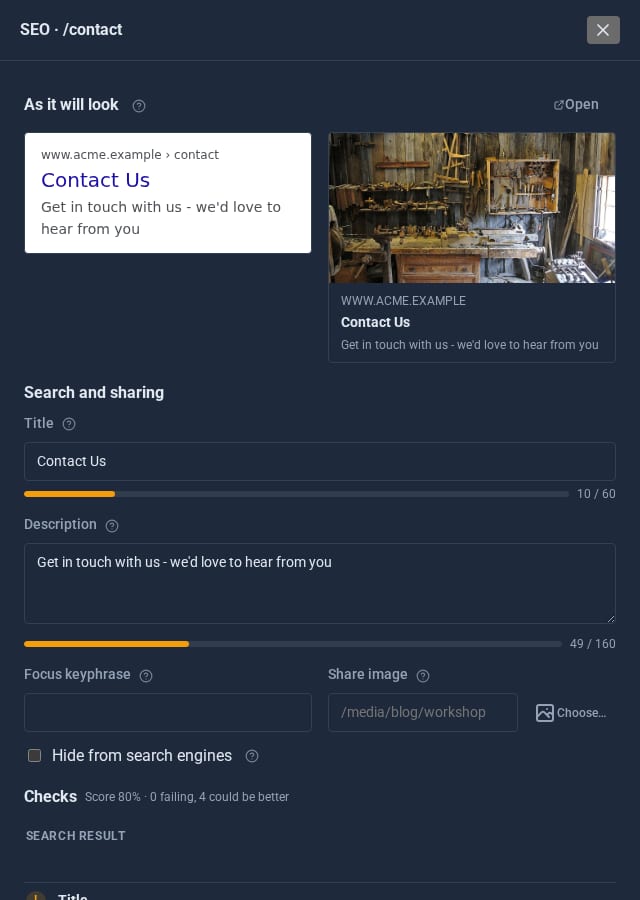 One page open in SEO with its search result preview and share card
