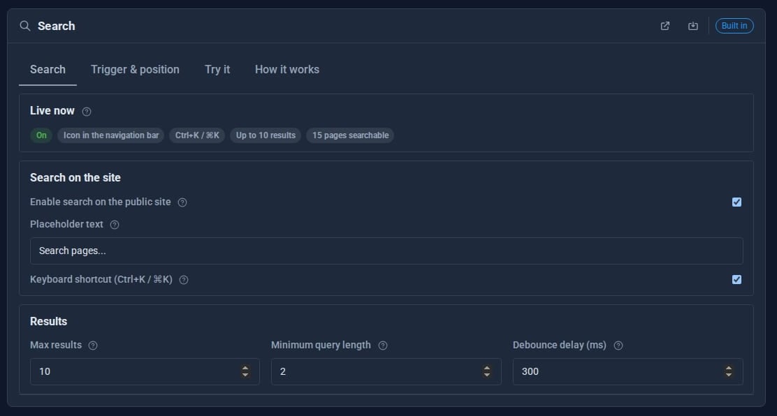 The Search settings screen in the admin
