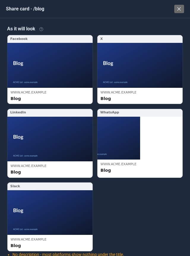 The share card for the blog page previewed as it will look on Facebook, X, LinkedIn, WhatsApp and Slack