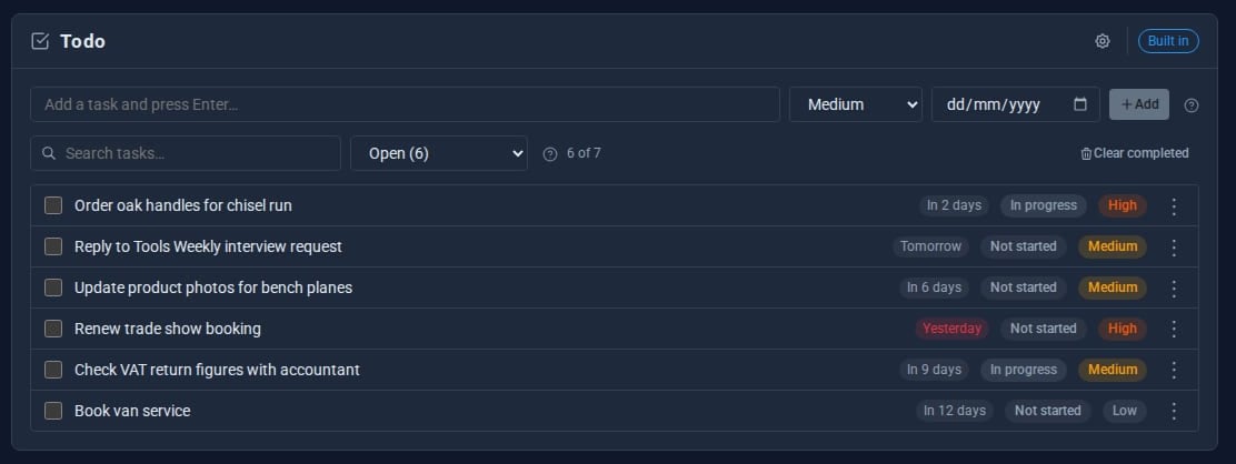 The Todo screen listing ACME Ltd tasks with due dates, statuses and priorities
