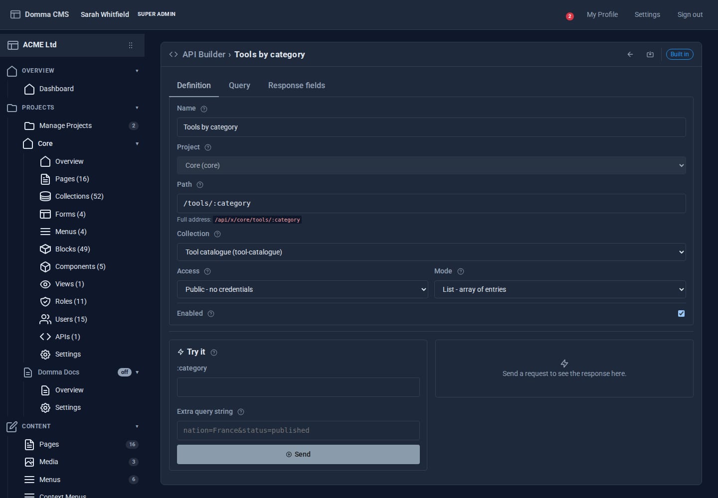 The API Builder editor for Tools by category: path /tools/:category, the Tool catalogue collection, public access and the try-it console