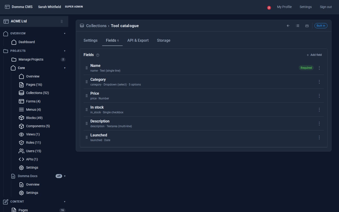 The Fields tab of the collection editor with name, category, price, stock and description fields