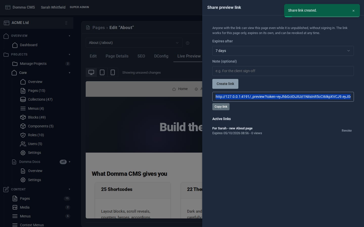 The Share preview link panel with expiry, note, the new link and the list of active links