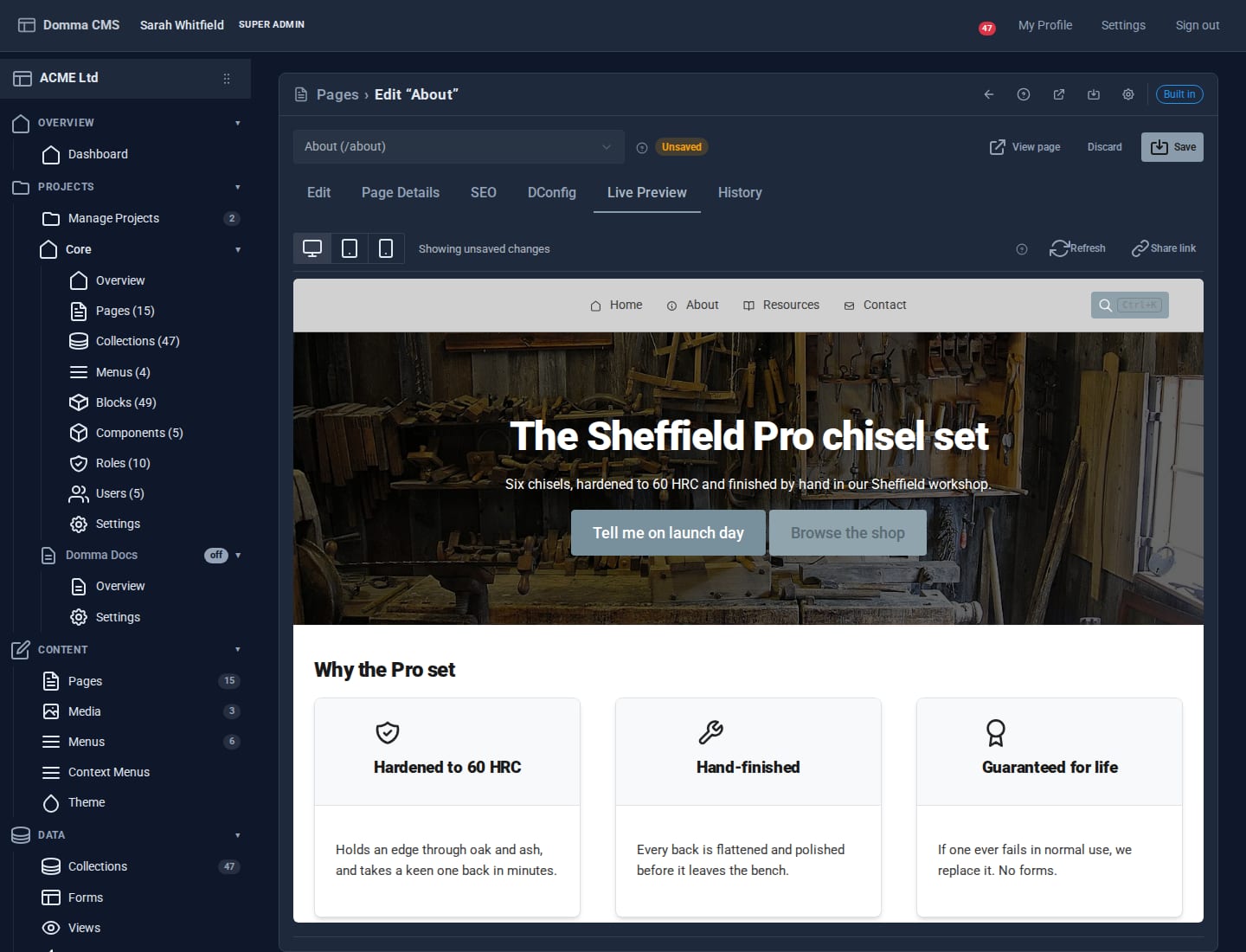 The finished launch page in Live Preview: a photo hero with two buttons and three feature cards