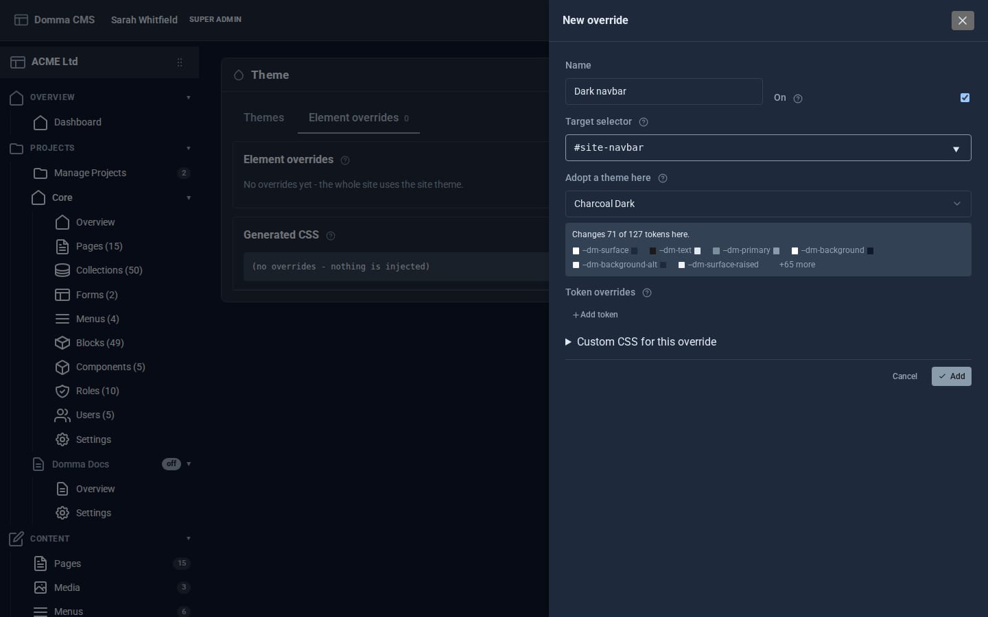 A new element override adopting Charcoal Dark on the site navbar