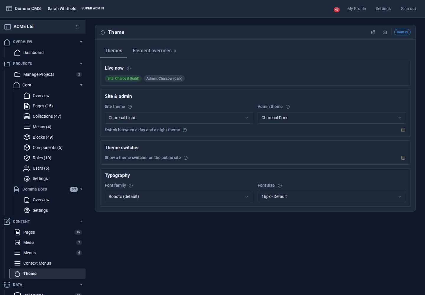 The Theme screen: live now, site and admin themes, theme switcher and typography